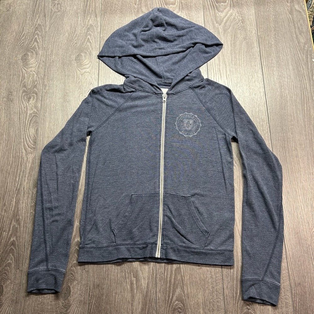 Abercrombie & Fitch Womens Medium Blue Heathered Zip Up Hoodie Y2K Crest Graphic